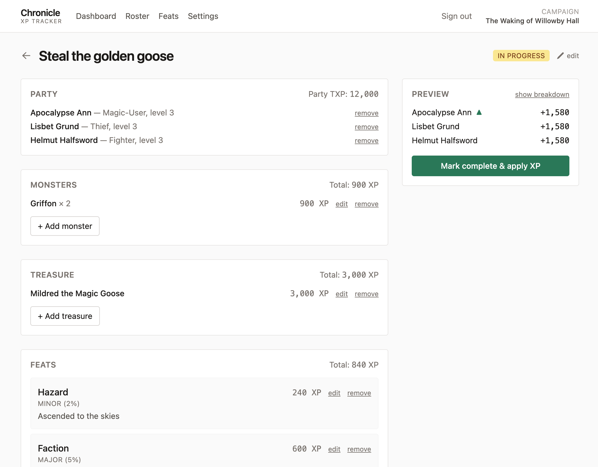 Screenshot of an in-progress adventure: party, monsters, treasure, and feat awards with a live XP preview.